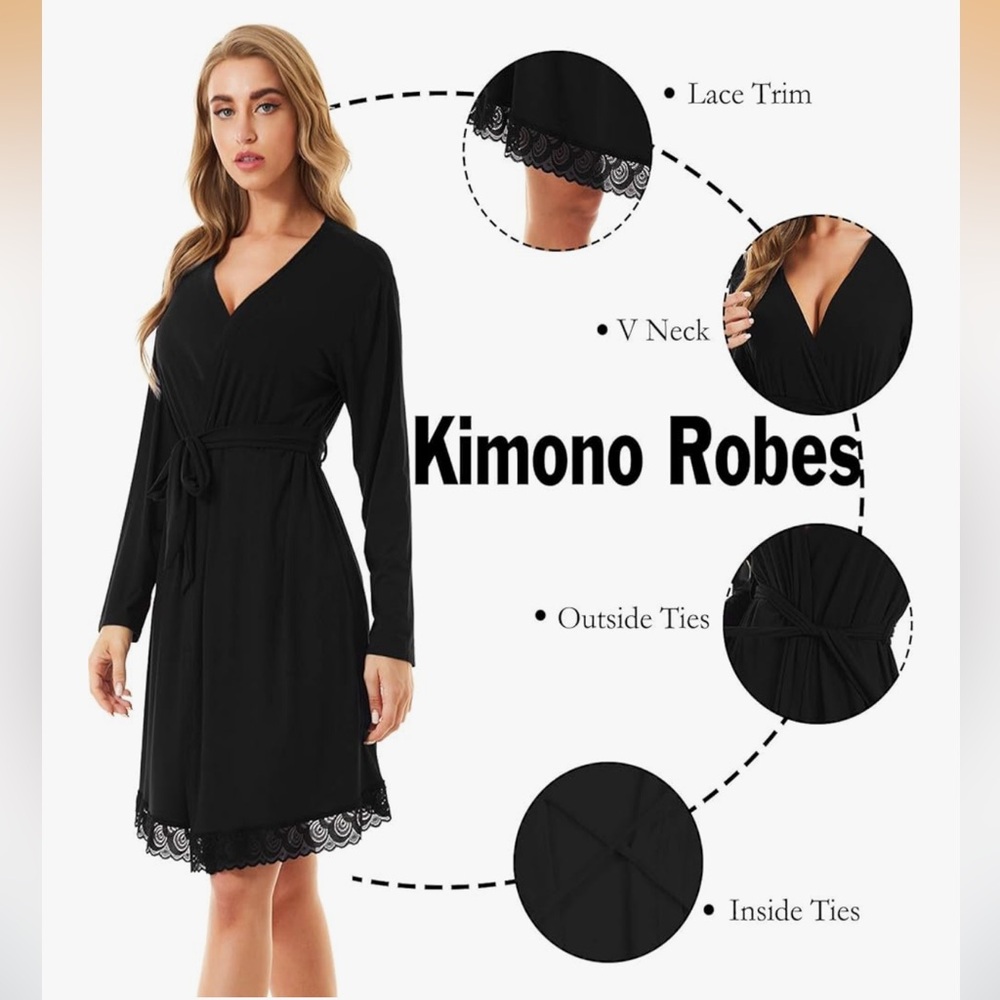 Kimono Robes Long Sleeve Sleepwear Lightweight Loungewear with Lace Trim